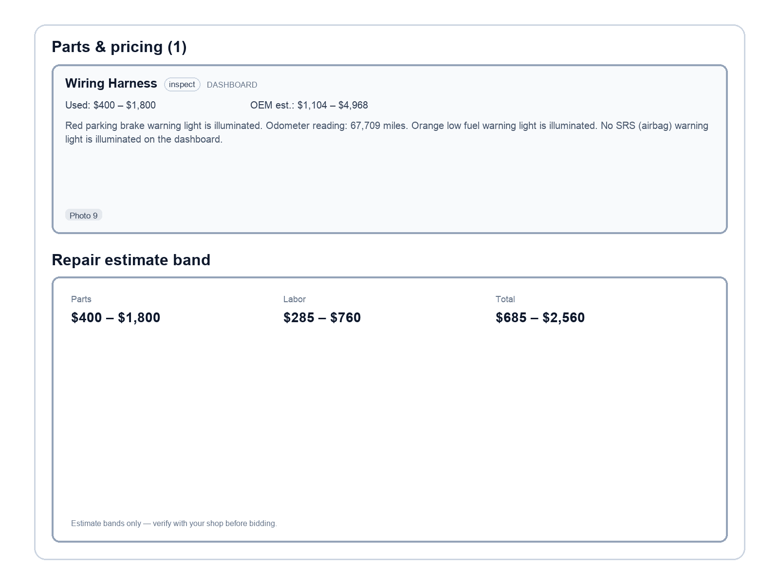 Parts and pricing card for a wiring harness above a repair estimate band with parts, labor, and total ranges.